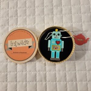 NWT Erstwilder Nuts & Bolts Blue Robot Resin Brooch Heart Steampunk Silver Plate